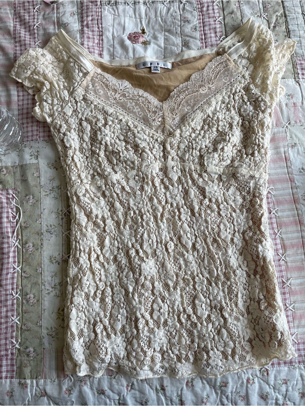 CAbi Cream Lace Cap-Sleeve Camisole